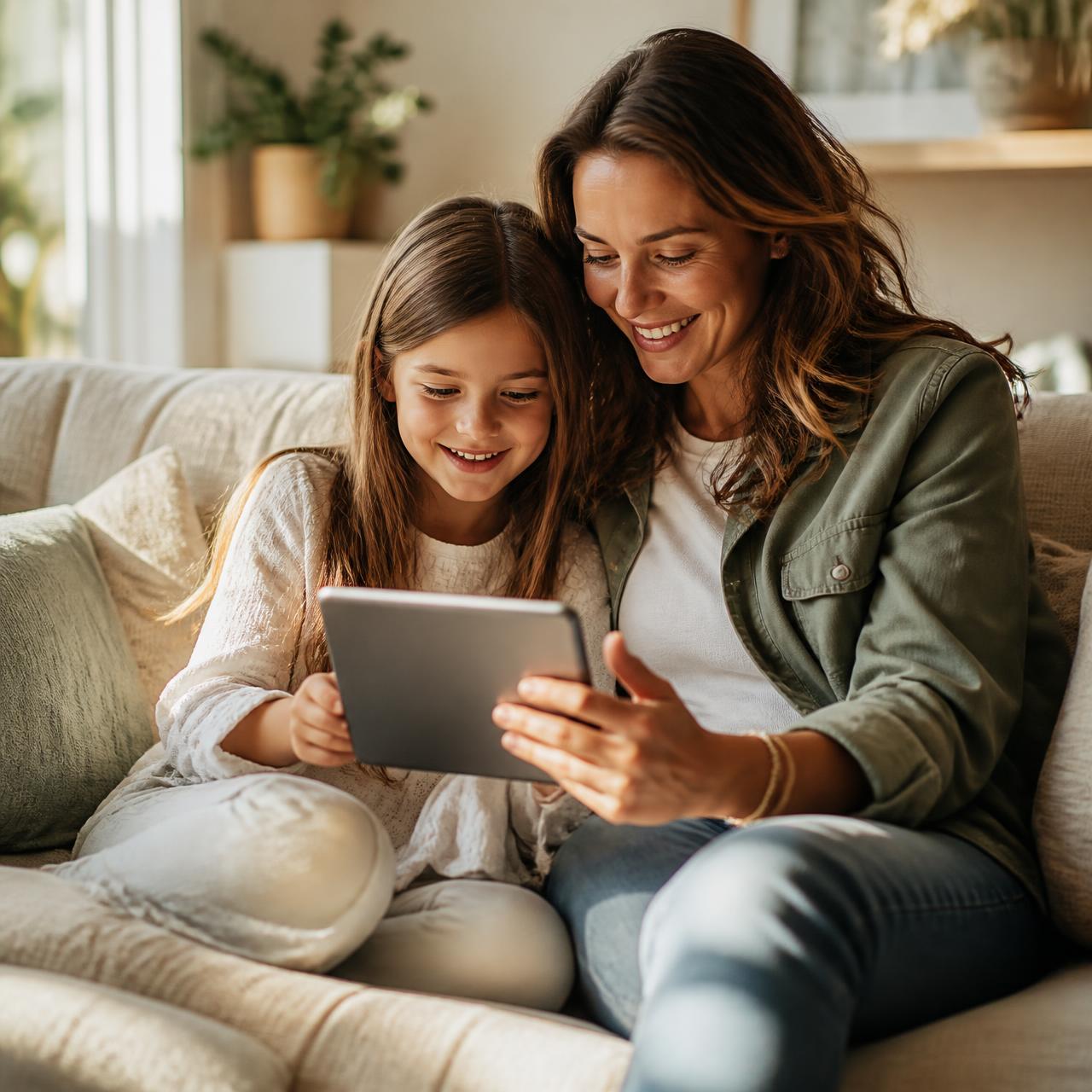 A parent and child learning together on a tablet at home